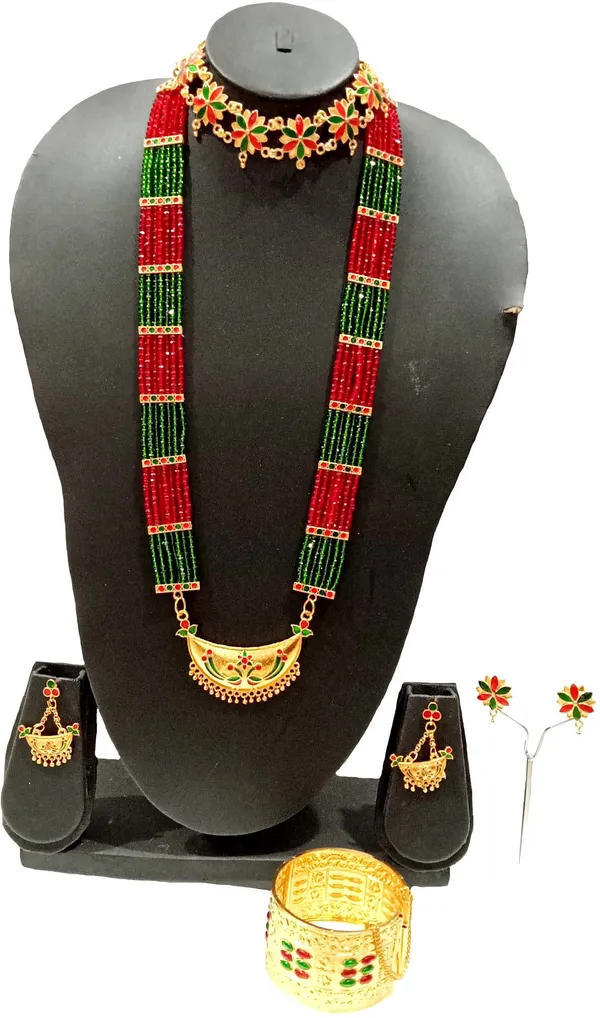 Assamese_Traditional_Gold_Plated_Red_Green_Colour_Combo_Jewellery_Set_For_Women